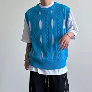 kfashion perforated knit sweater vest - bright blue cable knit - XL like new